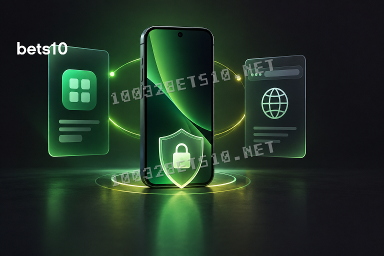 Koyu zeminde yeşil ışıklarla çevrili akıllı telefon, Bets10 mobil uygulama ile tarayıcı kullanımını temsil eden iki soyut panelle gösteriliyor.