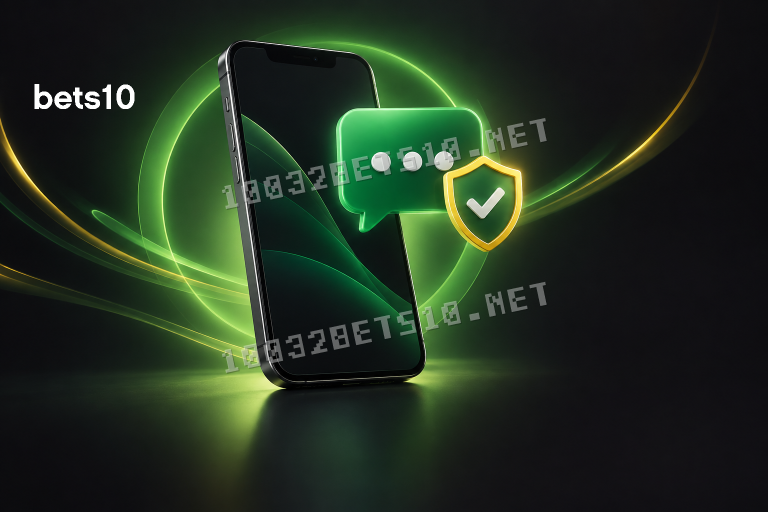 Koyu zeminde yeşil ışıkla çevrili akıllı telefon ve güvenli sohbet simgesi, bets10 müşteri hizmetleri telefon numarası konulu mobil destek rehberini betimliyor.